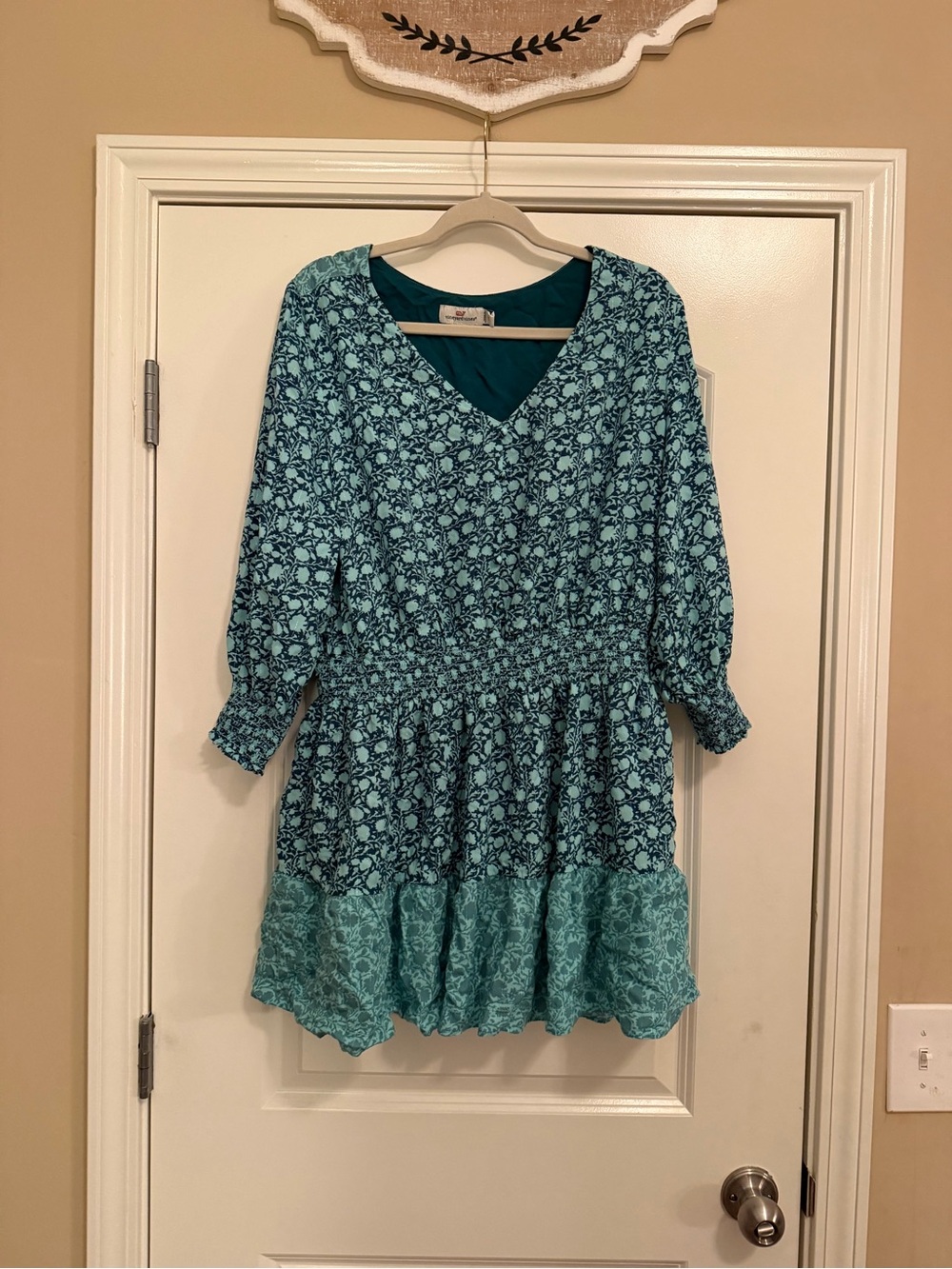Vineyard Vines Turquoise Floral V-Neck Tiered Dress